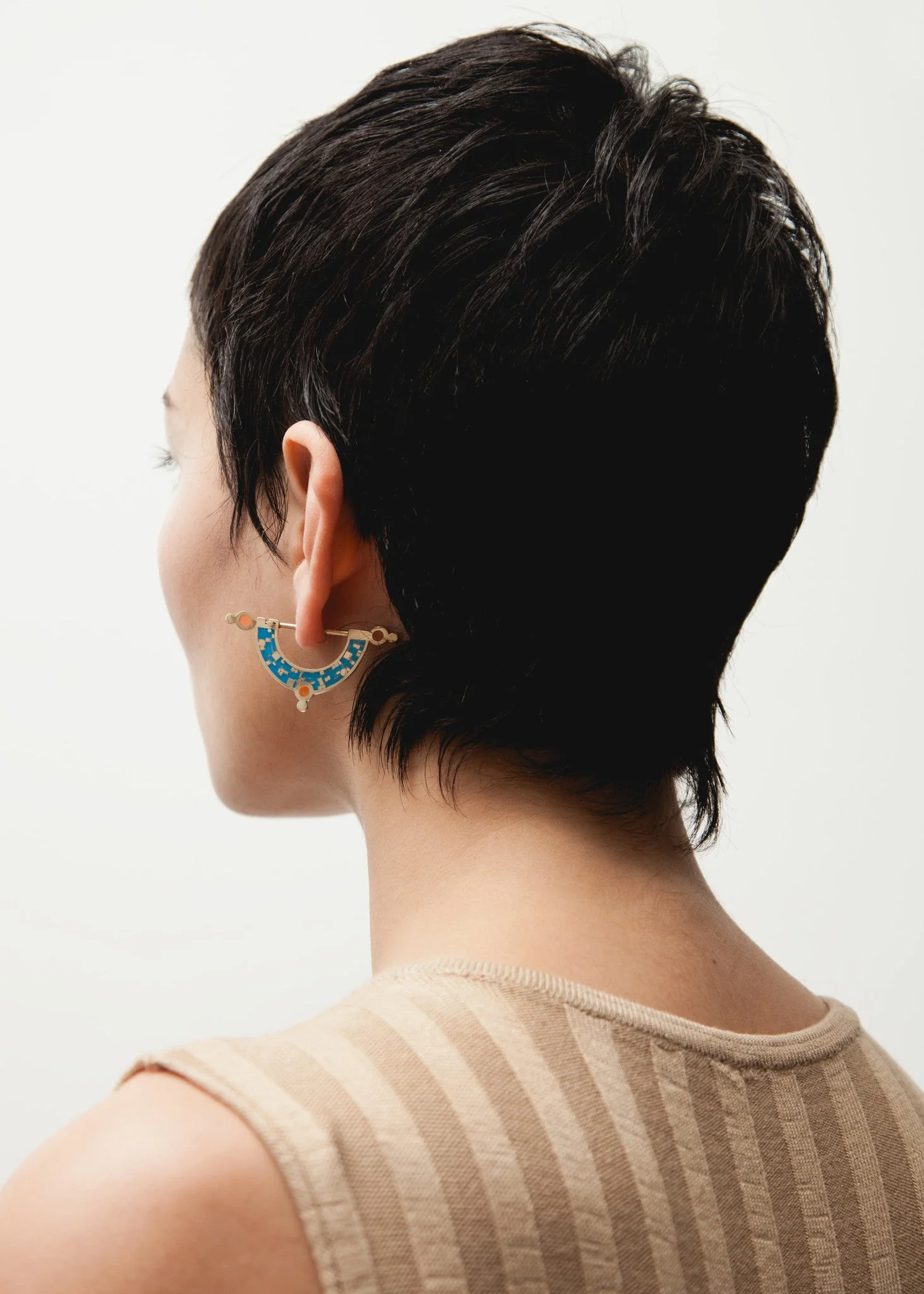 Daydream Earrings • Bronze • Mosaic Inlay • Blue/Peach - Image 2