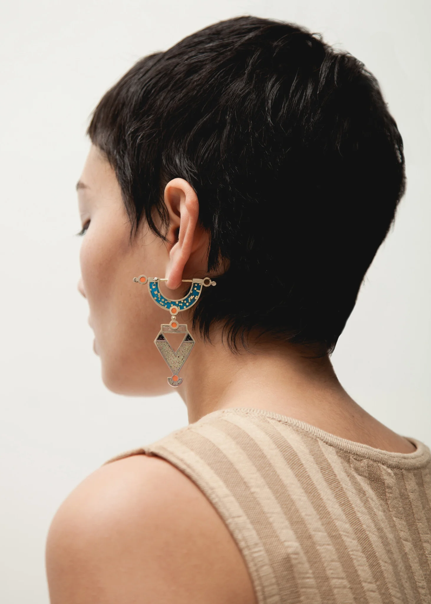 Golden Age Earrings • Bronze • Mosaic Inlay • Black/Blue - Image 2